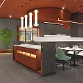 Inviting Orange Restaurant Interior With Refrigerator Case Wine Rack Green Bench And Ceiling Lights 3d model