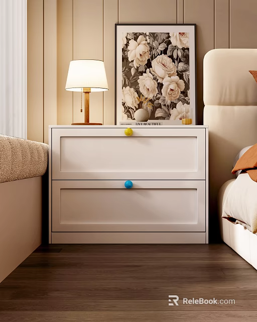 White Chest of Drawers With Two Drawers Featuring Yellow and Blue Knobs 3d model