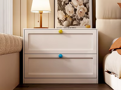 White Chest of Drawers With Two Drawers Featuring Yellow and Blue Knobs 3d model