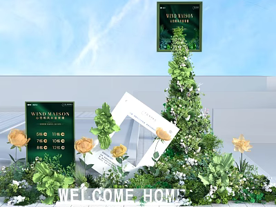 Interior Floral Art Installation With Green Plants Yellow Flowers Decorative Frames And Welcome Signage 3d model