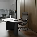 Modern Wooden Desk With Laptop Lamp And Ergonomic Chair By Large Window City View