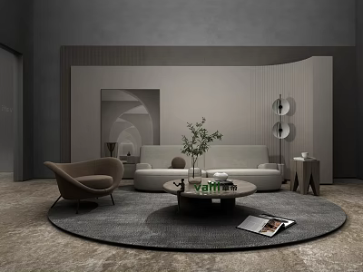 Modern Lounge Area With Round Rug Sofa Armchair And Decorative Plants 3d model