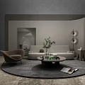 Modern Lounge Area With Round Rug Sofa Armchair And Decorative Plants