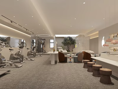 Modern Spacious Fitness Center Featuring Workout Machines Lounge Seating And Indoor Plants 3d model