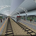 Modern Train Station Platform with Passengers and Waiting Train on Tracks 3d model