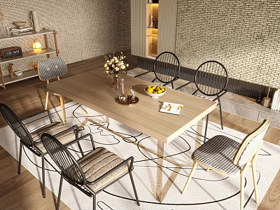 Modern Wooden Dining Table Set With Chairs Flower Vase Fruit Bowl And Rug 3d model
