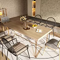 Modern Wooden Dining Table Set With Chairs Flower Vase Fruit Bowl And Rug