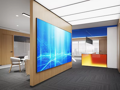 Modern Office Interior Design With Large Digital Screen Wooden Partition Reception Area And Modern Furniture 3d model