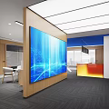 Modern Office Interior Design With Large Digital Screen Wooden Partition Reception Area And Modern Furniture