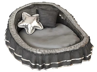 Gray Pet Bed With Ruffled Edges Silver Star Pillow And Soft Cushion 3d model