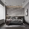 Modern Bedroom Interior Design With Marble Accent Wall Bed Area Rug And Window Curtains