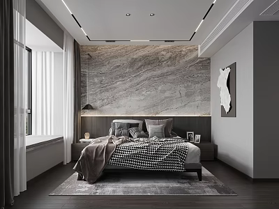 Modern Bedroom Interior Design With Marble Accent Wall Bed Area Rug And Window Curtains 3d model