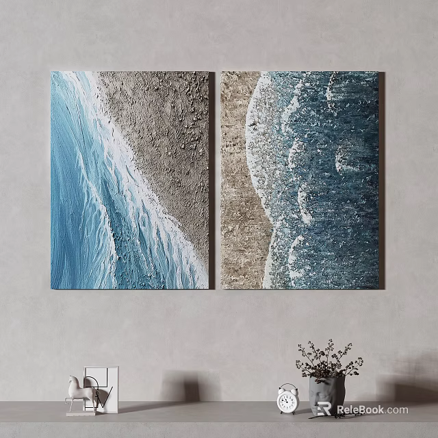 Two Coastal Themed Canvas Paintings With Ocean Waves And Sandy Textures 3d model