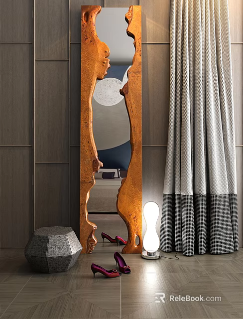 Wooden Frame Mirror In Modern Room Interior With Curtains And Furniture 3d model 