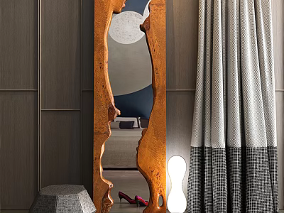 Wooden Frame Mirror In Modern Room Interior With Curtains And Furniture 3d model