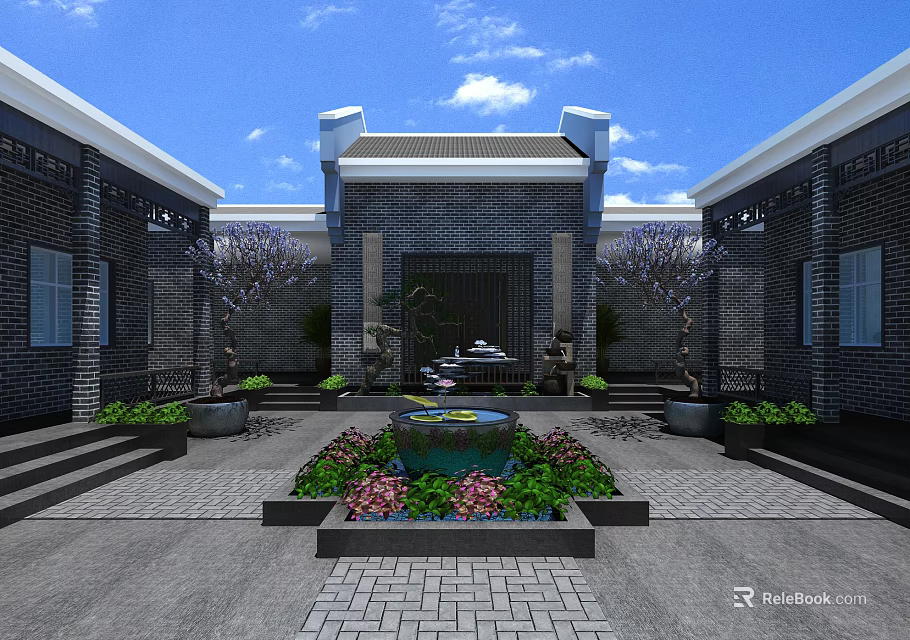 Chinese Garden Courtyard Landscape With Central Fountain Flower Beds And Symmetric Buildings 3d model 
