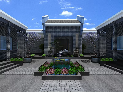 Chinese Garden Courtyard Landscape With Central Fountain Flower Beds And Symmetric Buildings 3d model