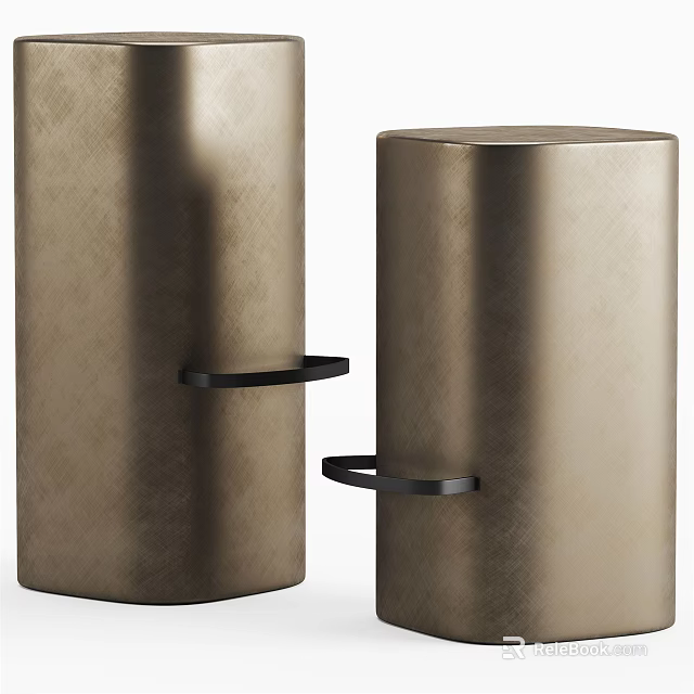 Sleek Cylindrical Bar Stools With Metallic Brass Finish And Black Circular Handles 3d model 