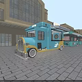 Modern Commercial Street with row of food trucks modern buildings brick pavement and blue sky