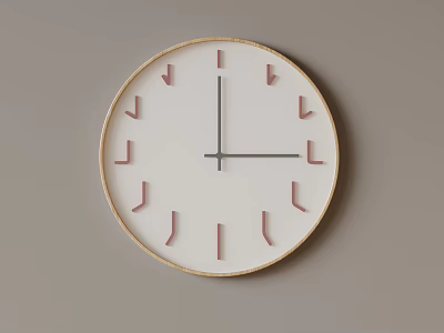 Minimalist Round Wall Clock With White Dial Pink Markers And Wooden Frame 3d model