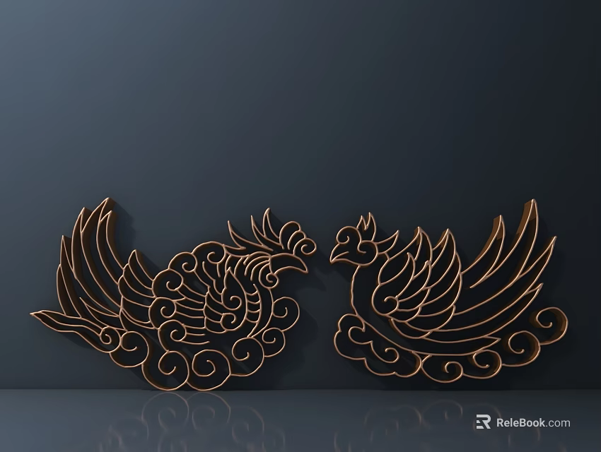 Golden Carved Phoenix Decorative Art With Intricate Patterns And Elegant Design 3d model 