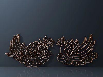 Golden Carved Phoenix Decorative Art With Intricate Patterns And Elegant Design 3d model