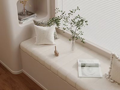 Cozy Modern Bay Window Seat With Upholstered Cushion Throw Pillows Green Plant And Magazine 3d model