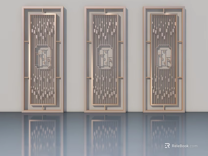 Three Stylish Hinged Doors Featuring Lattice Panels And Reflective Floor In Interior 3d model 