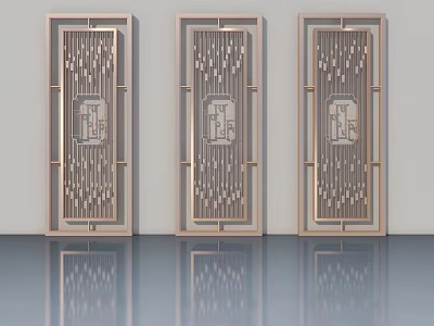 Three Stylish Hinged Doors Featuring Lattice Panels And Reflective Floor In Interior 3d model