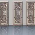 Three Stylish Hinged Doors Featuring Lattice Panels And Reflective Floor In Interior