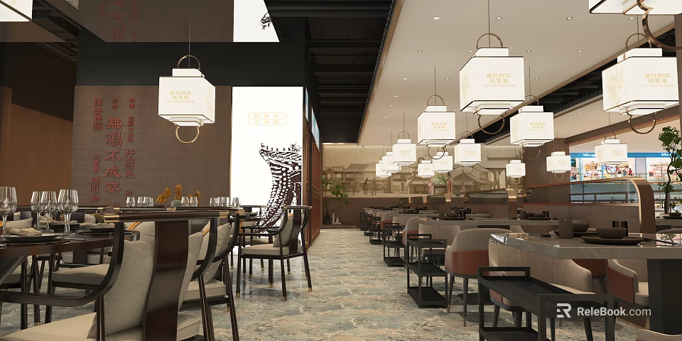 Traditional Chinese Restaurant Interior With Hanging Lanterns Calligraphy Wall And Dining Tables 3d model 