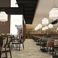 Traditional Chinese Restaurant Interior With Hanging Lanterns Calligraphy Wall And Dining Tables