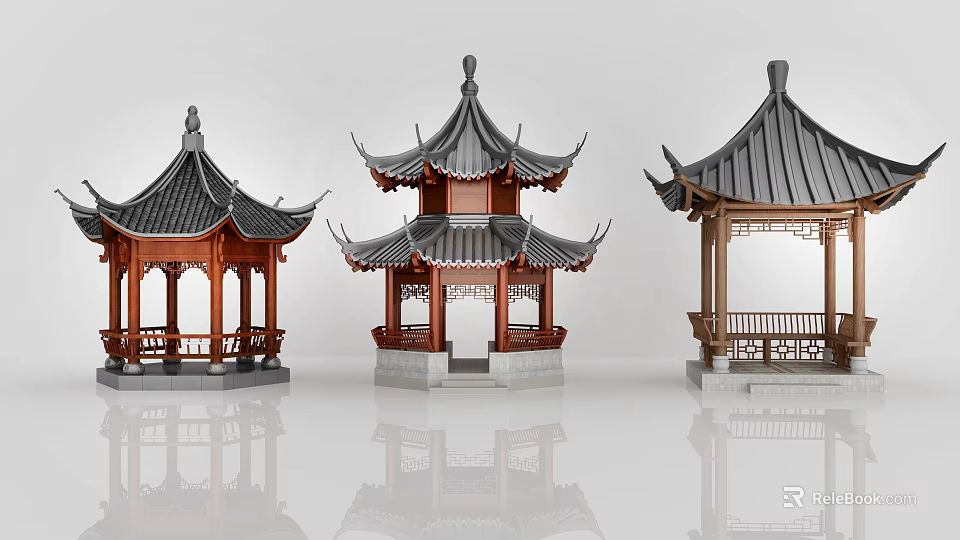 Three Chinese Style Pavilions With Traditional Roof Designs And Wooden Structures 3d model 