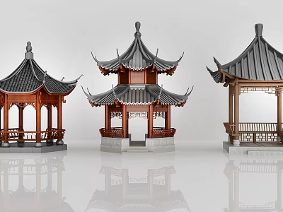 Three Chinese Style Pavilions With Traditional Roof Designs And Wooden Structures 3d model