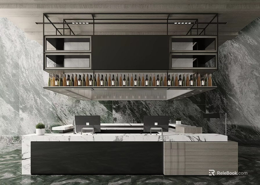 Modern Reception Desk With Marble Wall Hanging Shelf Bottles And Computer Monitors On Marble Countertop 3d model 