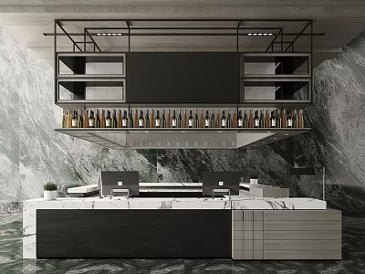 Modern Reception Desk With Marble Wall Hanging Shelf Bottles And Computer Monitors On Marble Countertop 3d model