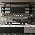 Modern Reception Desk With Marble Wall Hanging Shelf Bottles And Computer Monitors On Marble Countertop