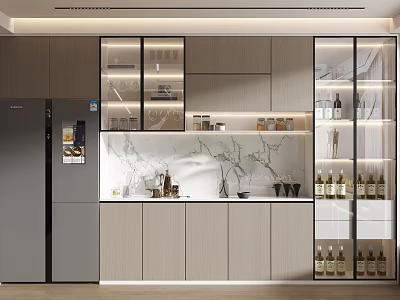 Modern Kitchen Wine Cabinet With Glass Door Lighting Marble Countertop And Wine Bottles 3d model
