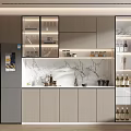 Modern Kitchen Wine Cabinet With Glass Door Lighting Marble Countertop And Wine Bottles