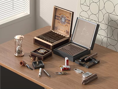 Elegant Decorative Ornament Set With Cigar Boxes Hourglass Pipe Lighter Ashtray On Wooden Table 3d model