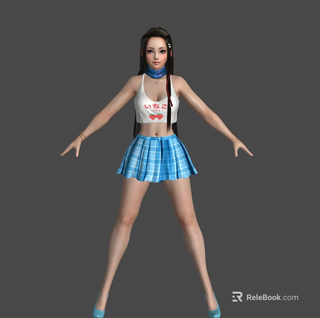 Woman In White Sleeveless Top And Blue Plaid Skirt Standing With Arms Outstretched 3d model 