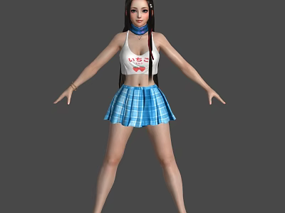 Woman In White Sleeveless Top And Blue Plaid Skirt Standing With Arms Outstretched 3d model