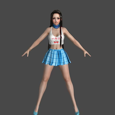 Woman In White Sleeveless Top And Blue Plaid Skirt Standing With Arms Outstretched 3d model