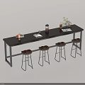 Modern Bar Counter With Dark Top Metal Frame And Four Brown Stools Featuring Coffee Maker Plant