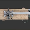 Woodworking Miter Saw Set Up On Workbench With Long Rail And Dust Extractor