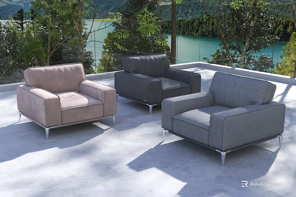 Modern Outdoor Single Sofa in Light Pink Dark Gray Light Gray with Lake Mountain Setting 3d model 