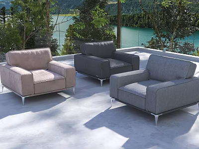 Modern Outdoor Single Sofa in Light Pink Dark Gray Light Gray with Lake Mountain Setting 3d model