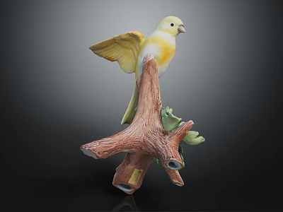 Ceramic Yellow Bird Figurine Perched On Textured Tree Branch With Green Leaves 3d model