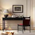 Elegant Dressing Table With Table Lamp Cosmetics Framed Painting And Red Cushioned Chair