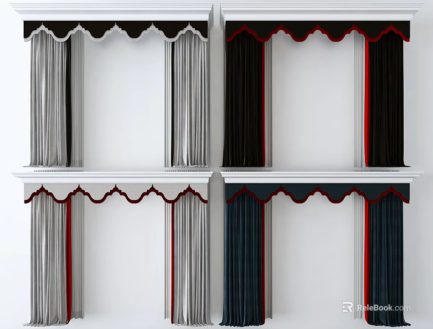 Various Curtain Styles With Valance Design Gray Black Blue Colors And Red Trim 3d model 